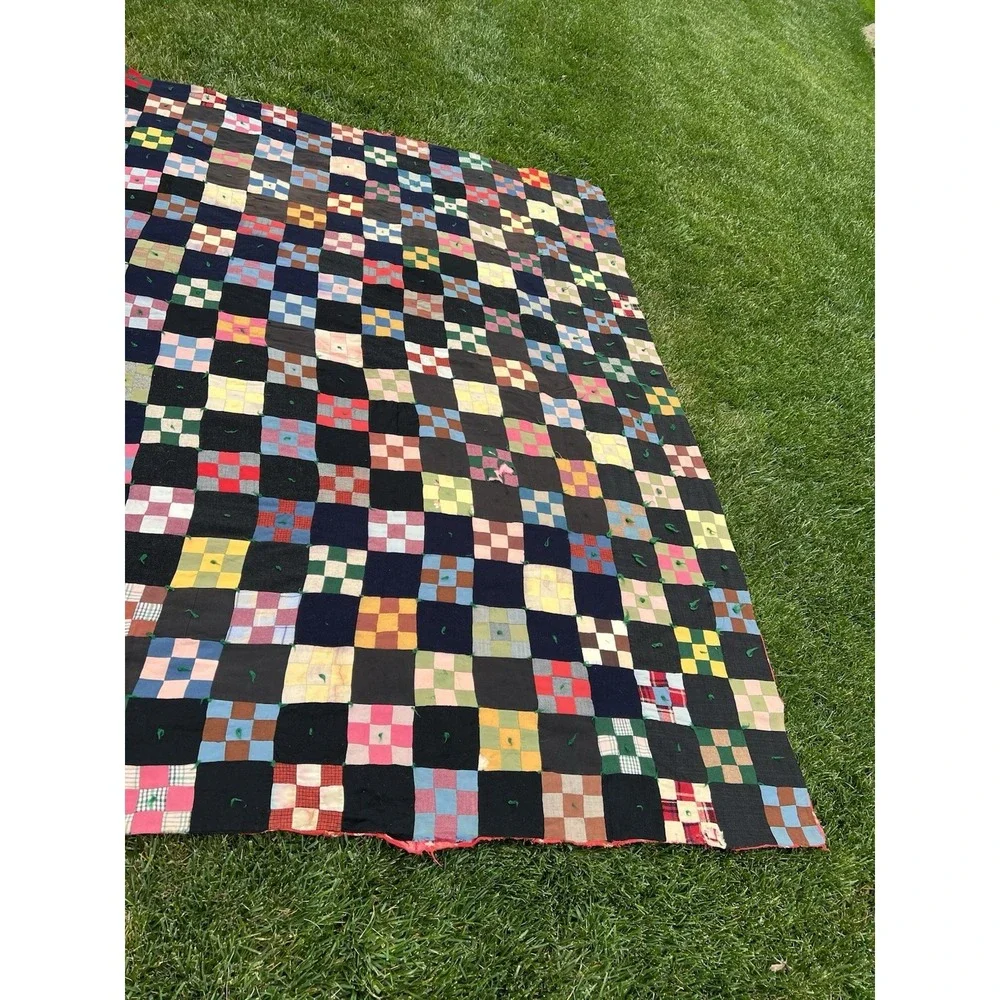 Vintage Hand Stitched Tied Nine Patch Quilt 86